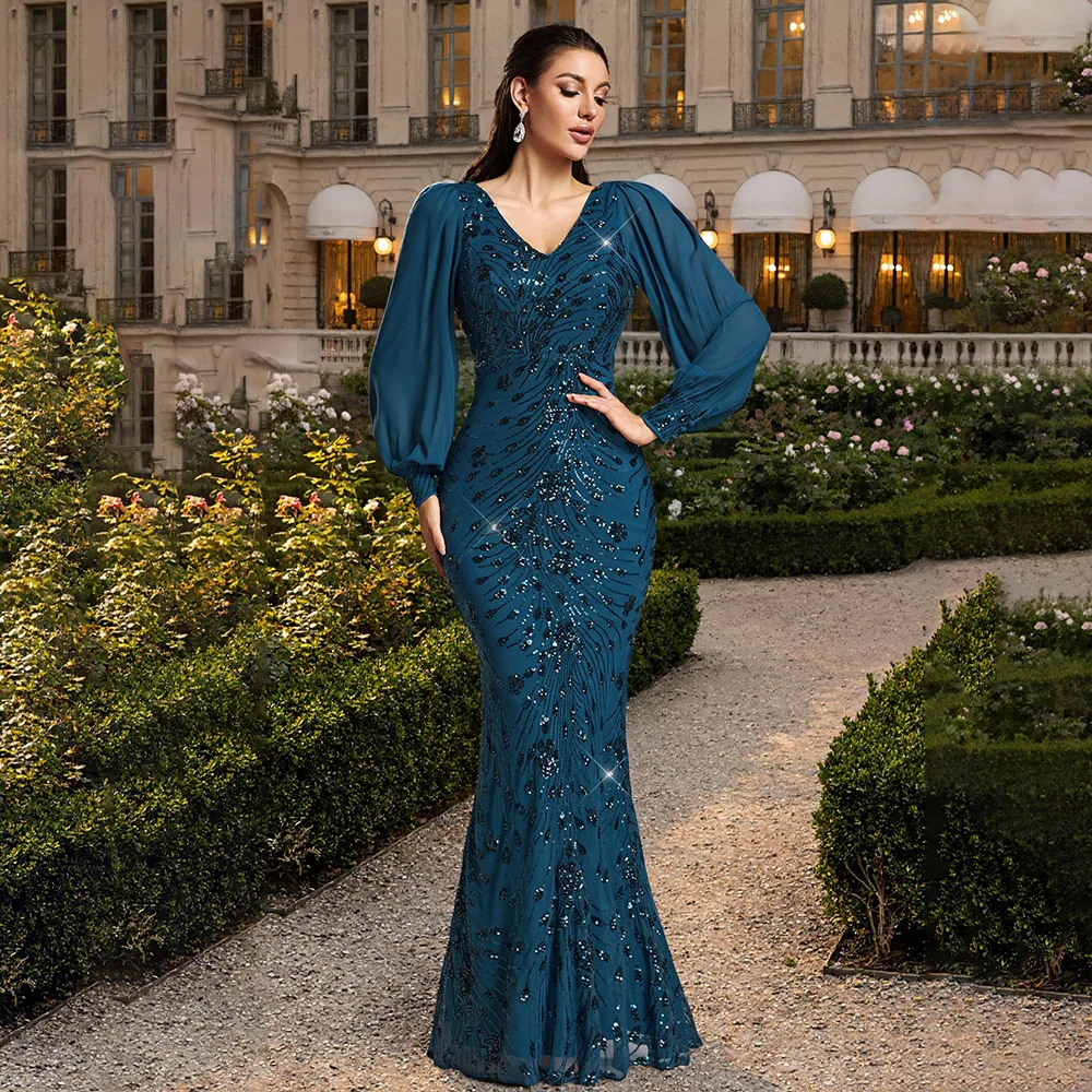 Dresses Women Party Long Dress Sequines V Neck Backless Floor Length A Line Female Vestidos Banquet Evening Gown Spring 2026
