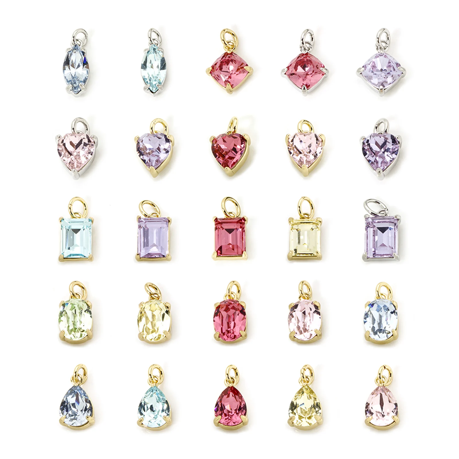 2 Piece Brass & Glass Geometric Charms Plated Water Drop Heart Olivary Multicolor Pendants For Necklace Bracelet Jewelry Making