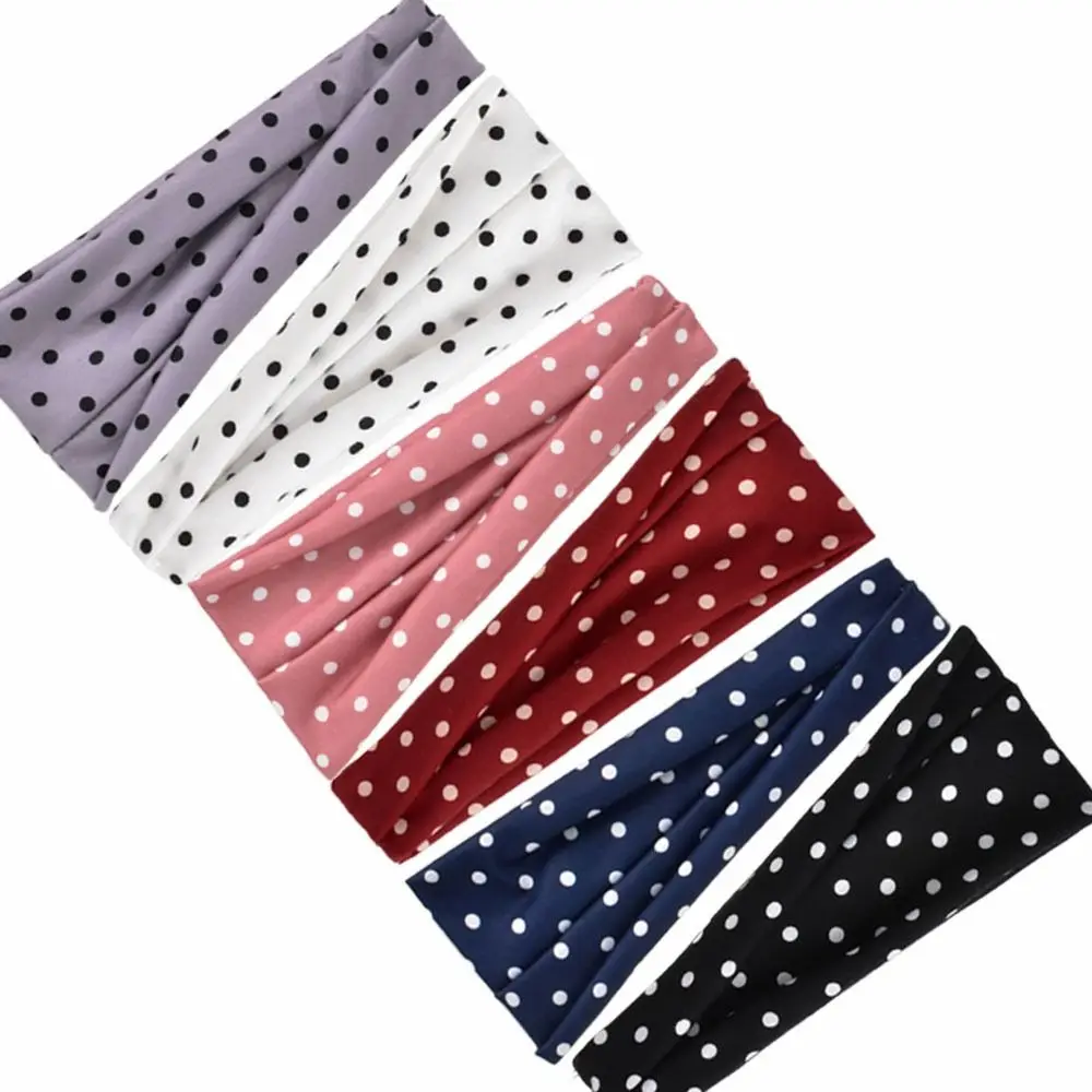 Retro Wide Headband Cotton Stretch Pot Dot Women Headwrap Elastic Extra Large Bandana for Daily Cosmetic