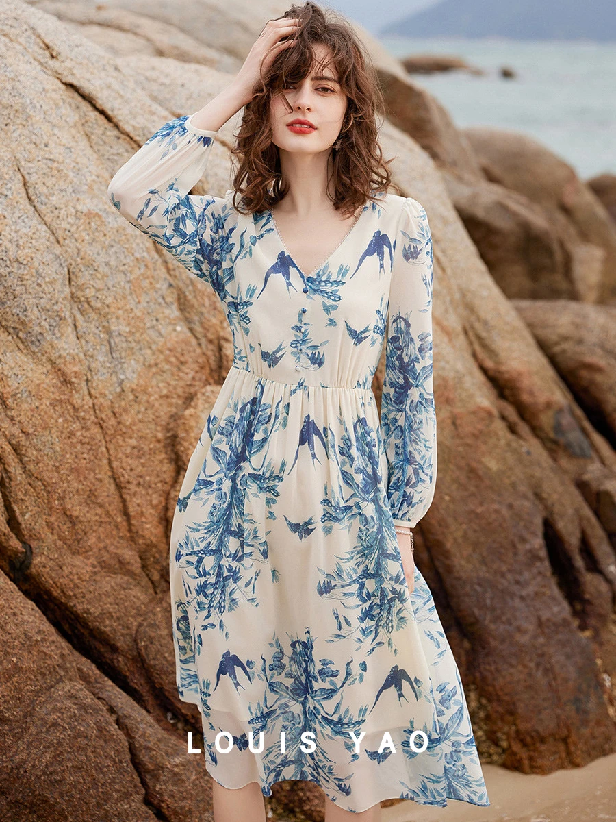 LOUIS YAO Women Dress Elegant V Neck Long Sleeve Print Summer Dress French Style High Waist A-line Slim Fit Long Dress