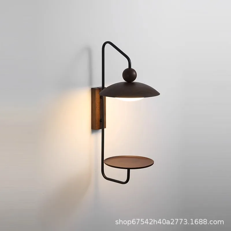 

Medieval solid wood bedside lamp Japanese walnut color study bedroom shelf wall lamp living room background wall porch lamp