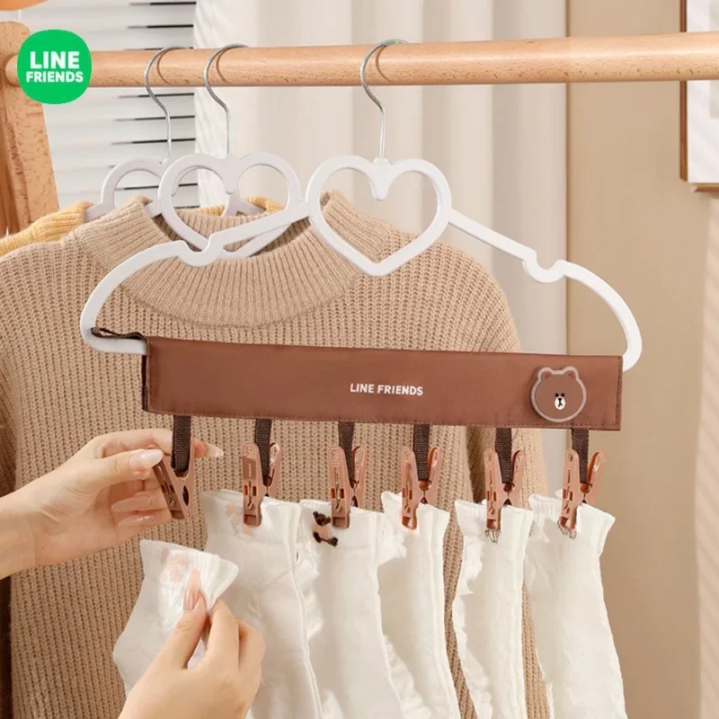 Line Friends Brown Portable Travel Folding Clothes Hanger Cute Fabric Hanger Bathroom Drying Home Newly Upgraded Seamless Clip