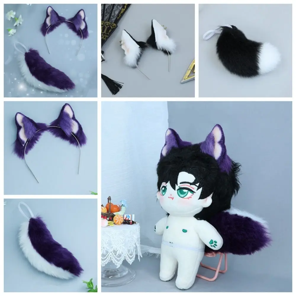 Headwear 20cm Plush Doll Headwear Ear Cat Wolf Ears Black White Idol Doll Headwear Cat Ear Tails Soft Headwear for Cotton Doll