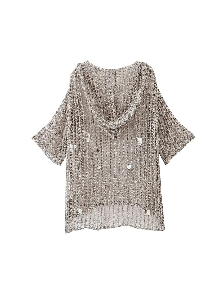 

Hollow Out Hooded Sequins Pullover Tops For Women Loose Casual Short Sleeve Sweaters Fashion Summer Female Sweater Outerwears