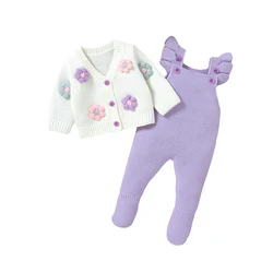 Winter Warm Knitted Baby Floral Clothing Sets for Newborn Infant Girl Casual Long Sleeve Knitwear Jackets + Rompers Outfit 0-18m