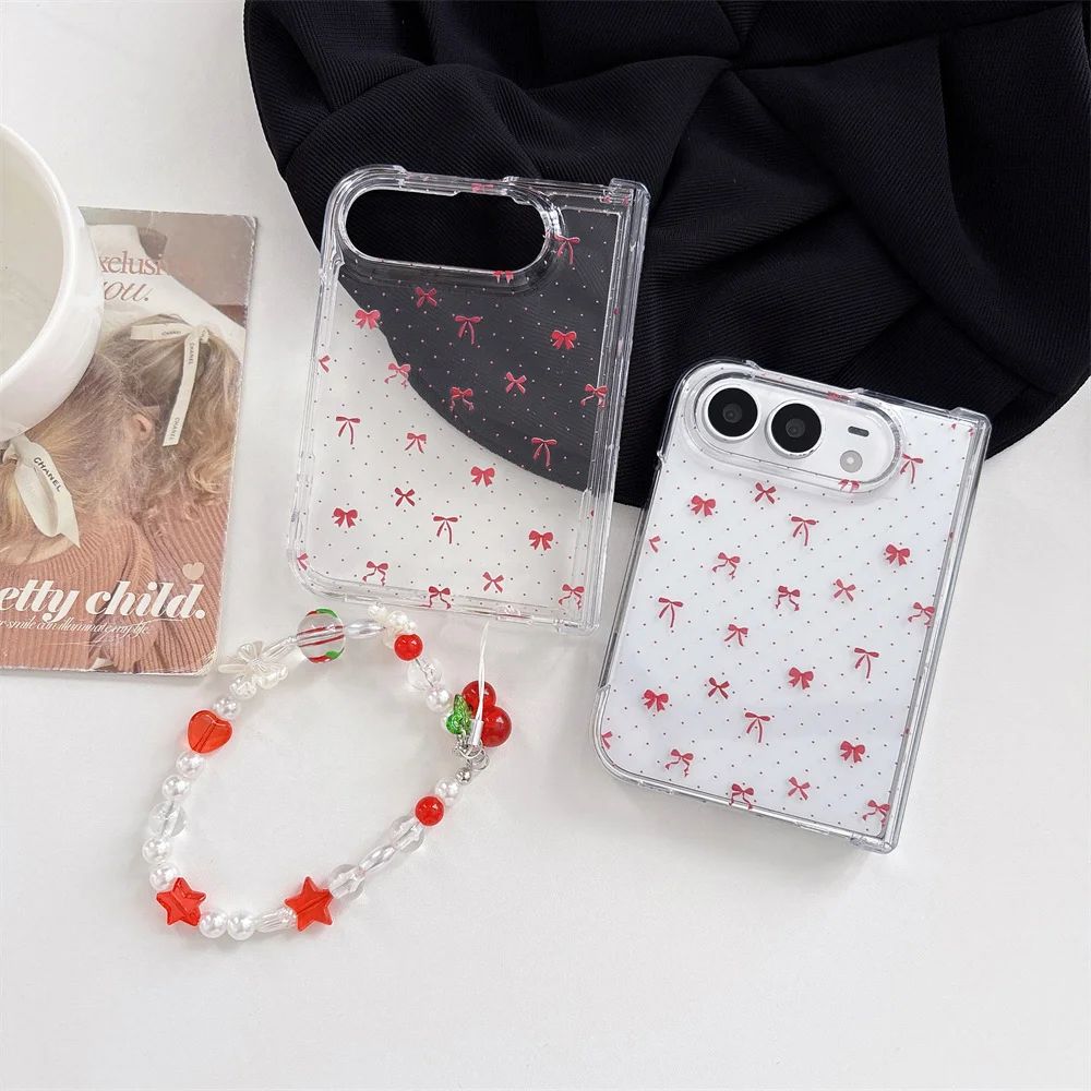Clear Case with Red Bow Print Red Phone Case For iPhone Duo Beaded Wrist Strap Heart Star Beads Clean Sweet Foldable Cover