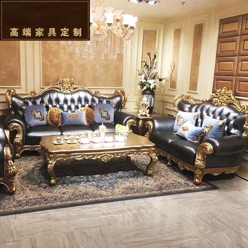 

European luxury sofa combination French luxury leather solid wood sofa new classical living room sofa villa high-end furniture