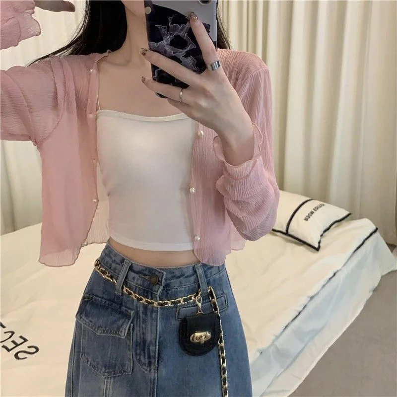 Temperament Sun Protection Chiffon Cardigan Women's Ice Silk Shawl with Suspenders Fairy Long-sleeved Top