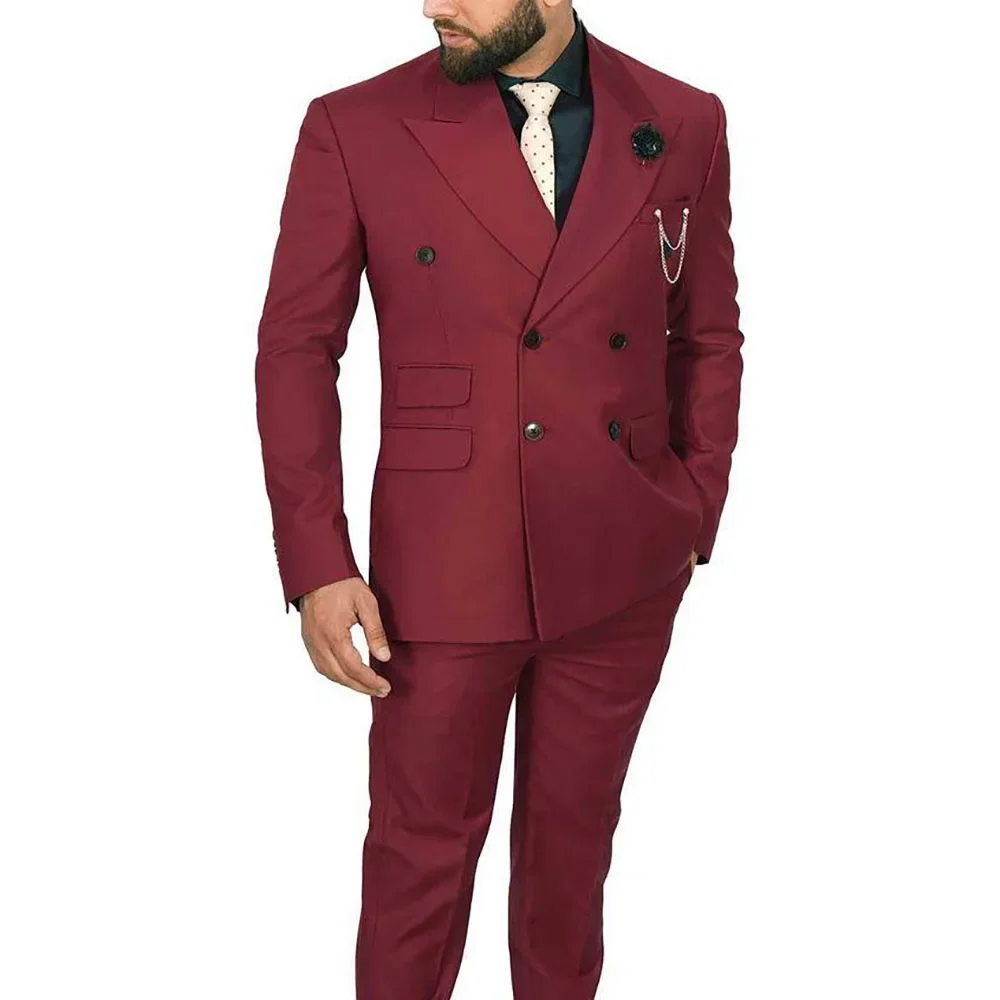 Chic Burgundy Men Suit Double Breasted Peak Lapel Regular Length Outfit Costume Homme Elegant 2 Piece Jacket Pants Set