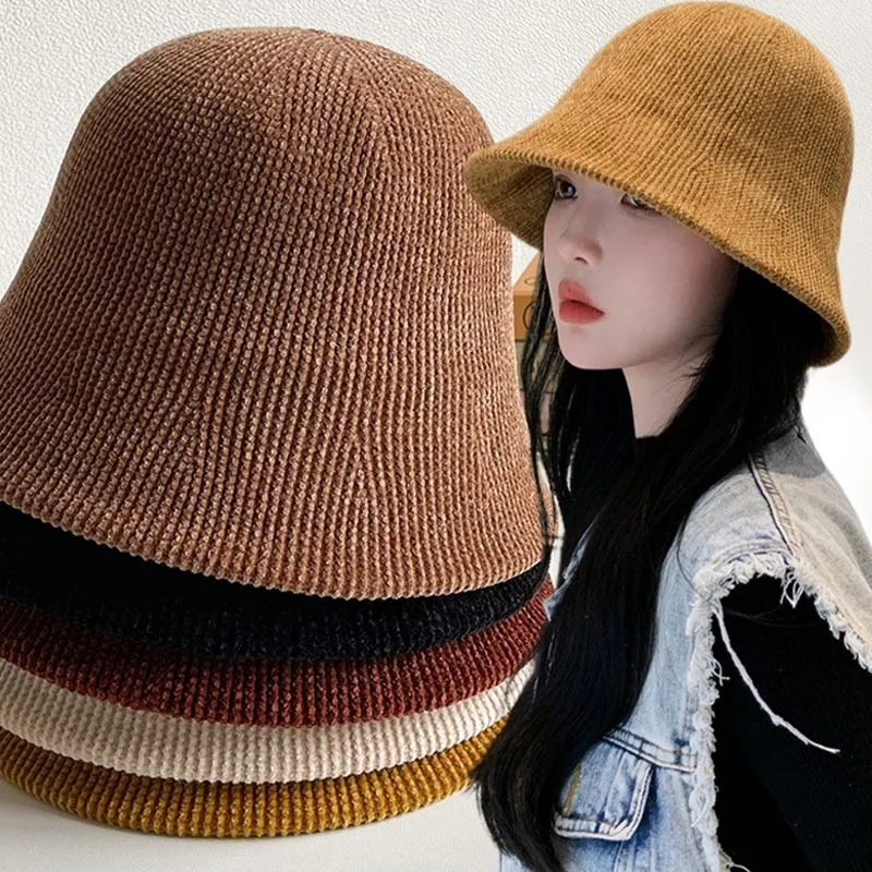 Winter Bucket Hat for Women Solid Color Thickened Warm Cap French Wool Hat Lady Panama Outdoor Hiking Knitted Fisherman Hat