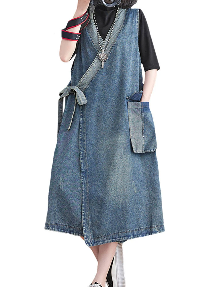 2023 Korean Fall Luxury Long Clothes Womens Fashion Loose Belt Sleeveless Denim Dresses Ladies Classic Leisure Vintage Vestidos