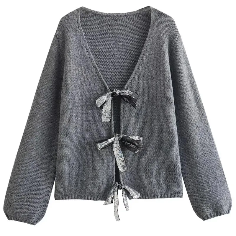 TRAF Sequin Bow Cardigan Women\'s Sweater Autumn Winter Cropped Knit V-Neck Long Sleeve Coat New In Knitwears Christmas Sweaters