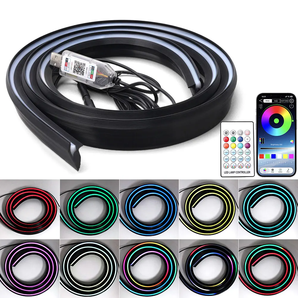 Car Windshield Ambient Light Strip 140/150cm RGB LED Remote App Music Sync USB Plug and Play Trim Bar Rubber Seal Gap Filler SUV
