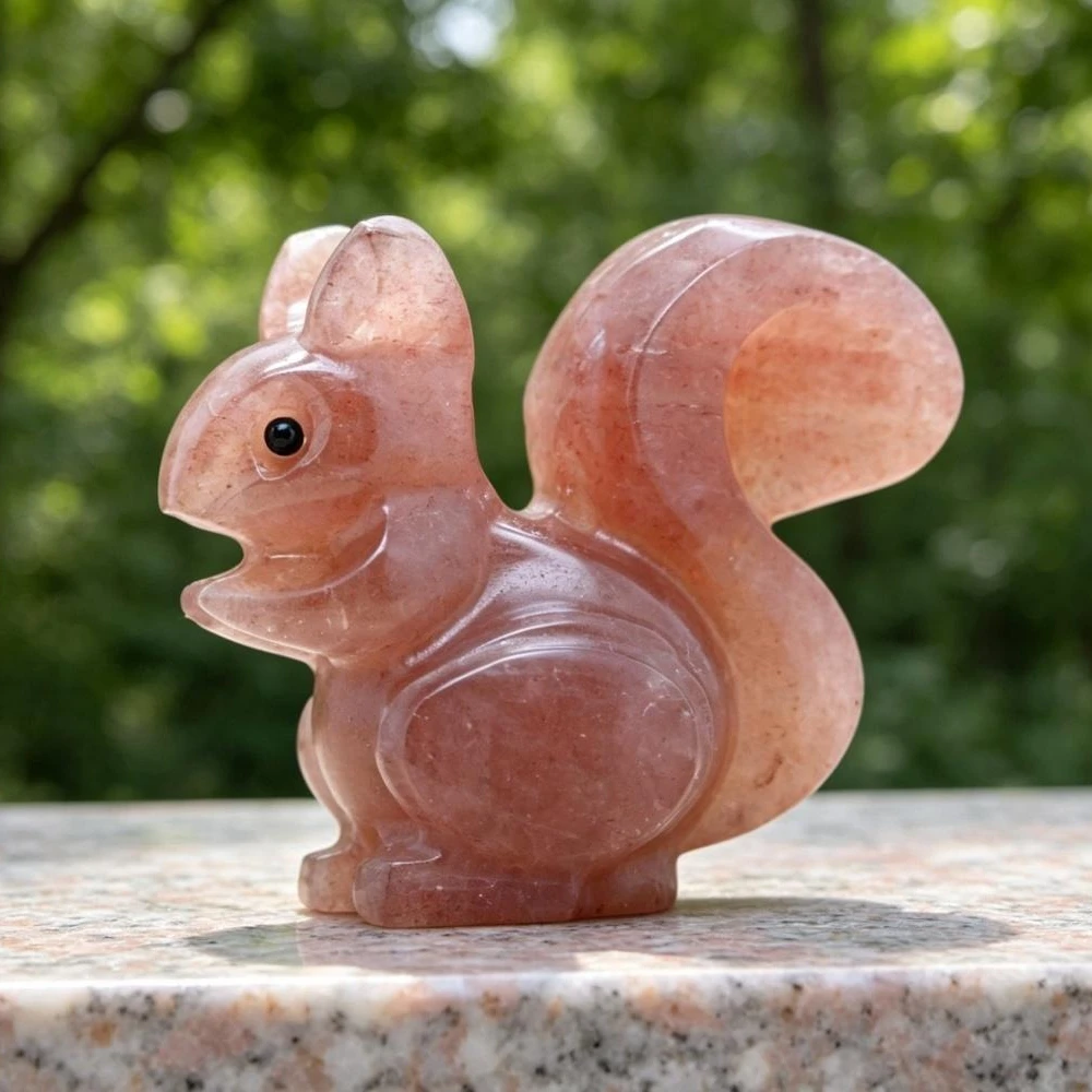 Natural Strawberry Quartz Squirrel Carving Gemstone Statue Home Decor Ornament Gift for Crystal Lovers
