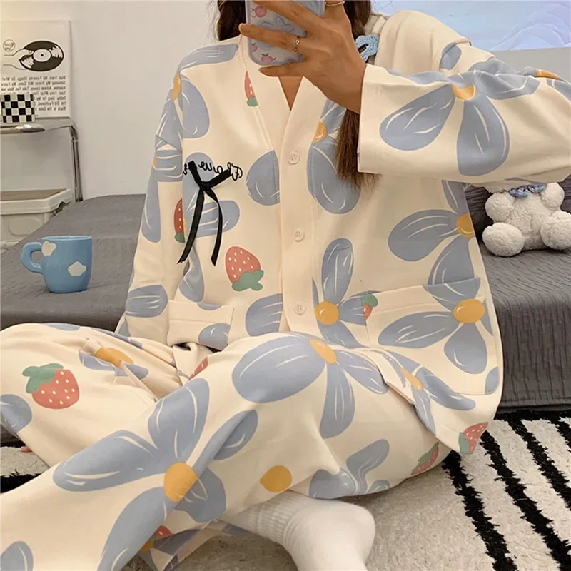 Japanese Kimono Style Autumn Winter Womens Pajamas Sets Cotton Long Sleeves Homesuits Casual V-neck Lapel Sleepwear