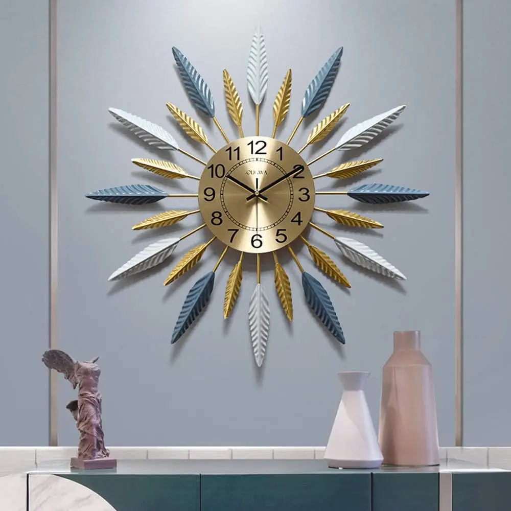 Metal Sunburst Wall Clock, Modern Silent Battery Operated Star Clock Pop Color Quartz Clocks Decorative Living Room & Bed Room