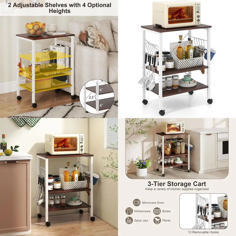 

3-х уровневая тележка для микроволновой печи с 10 крючками, полками для хранения из металла и дерева, промышленная подставка темно-коричневого и белого цвета