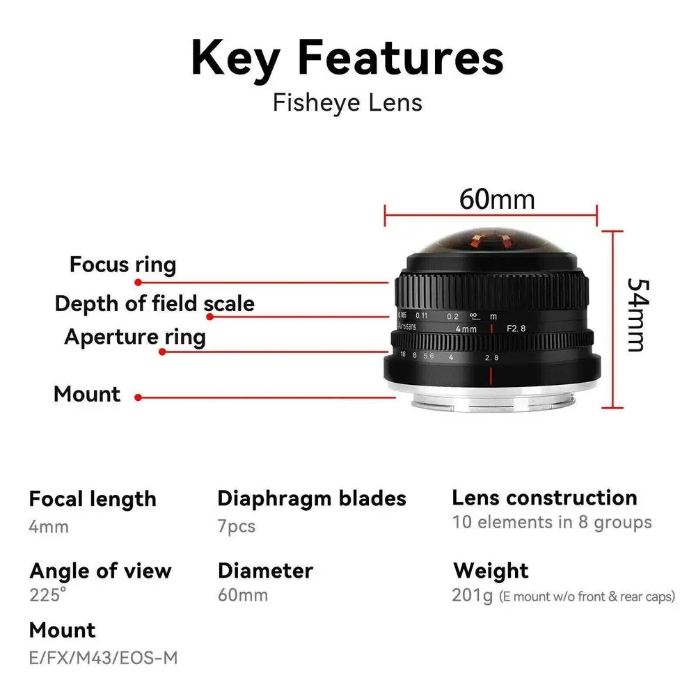 Imagem -04 - Fisheye Lens para Sony e Fuji fx Canon Eos-m M43 Mount Mirrorless Câmera mf Aps-c Prime mm F2.8 225 ° 7artis-circular