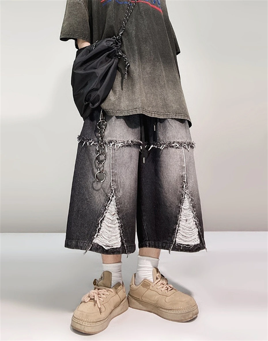 Vintage Denim Shorts Men Summer Ripped Hole Hip Hop Jeans Shorts Streetwear Harajuku Black Elastic Waist Knee Length Pants