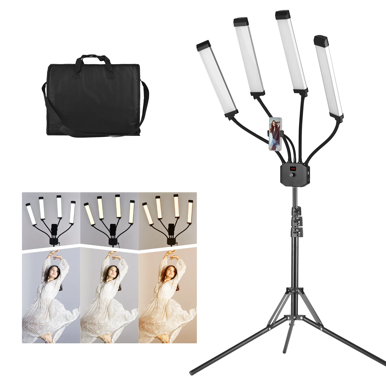 Flexible 4-Arms LED Video Light Photography Fill Light 3200K-5600K Dimmable with Phone Holder + 2M/78.7in Metal Light Stand