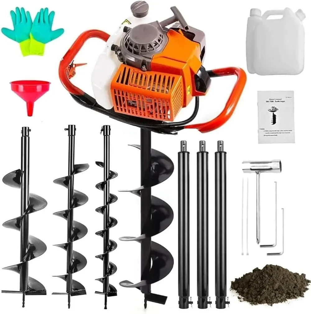 

Gas Powered 62CC Post Hole Digger for Fence and Planting with 3 Extention 24" 24" & 24" and 3 Earth Auger Drill Bits 3" 5" & 8"