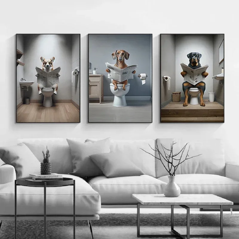 Toilet Dogs Reading Newspapers Funny Posters Rottweiler Doberman Poodle Canvas Painting Bathroom Wall Art Picture Home Decor