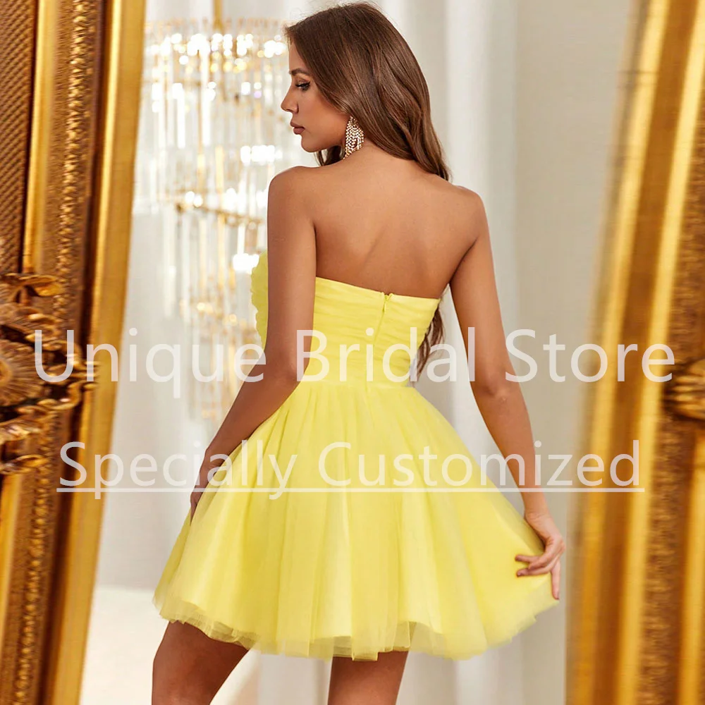 Amarelo curto vestido de baile tule querida plissado sem costas vestidos de festa voltar zíper mulher simples para mujer gala