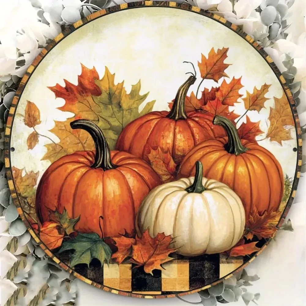 إكليل اليقطين الريفي العتيق، علامة معدنية ساحرة، ديكور الخريف لعيد الشكر والهالوين، مثالي للمقهى المنزلي المثبت على الحائط #5