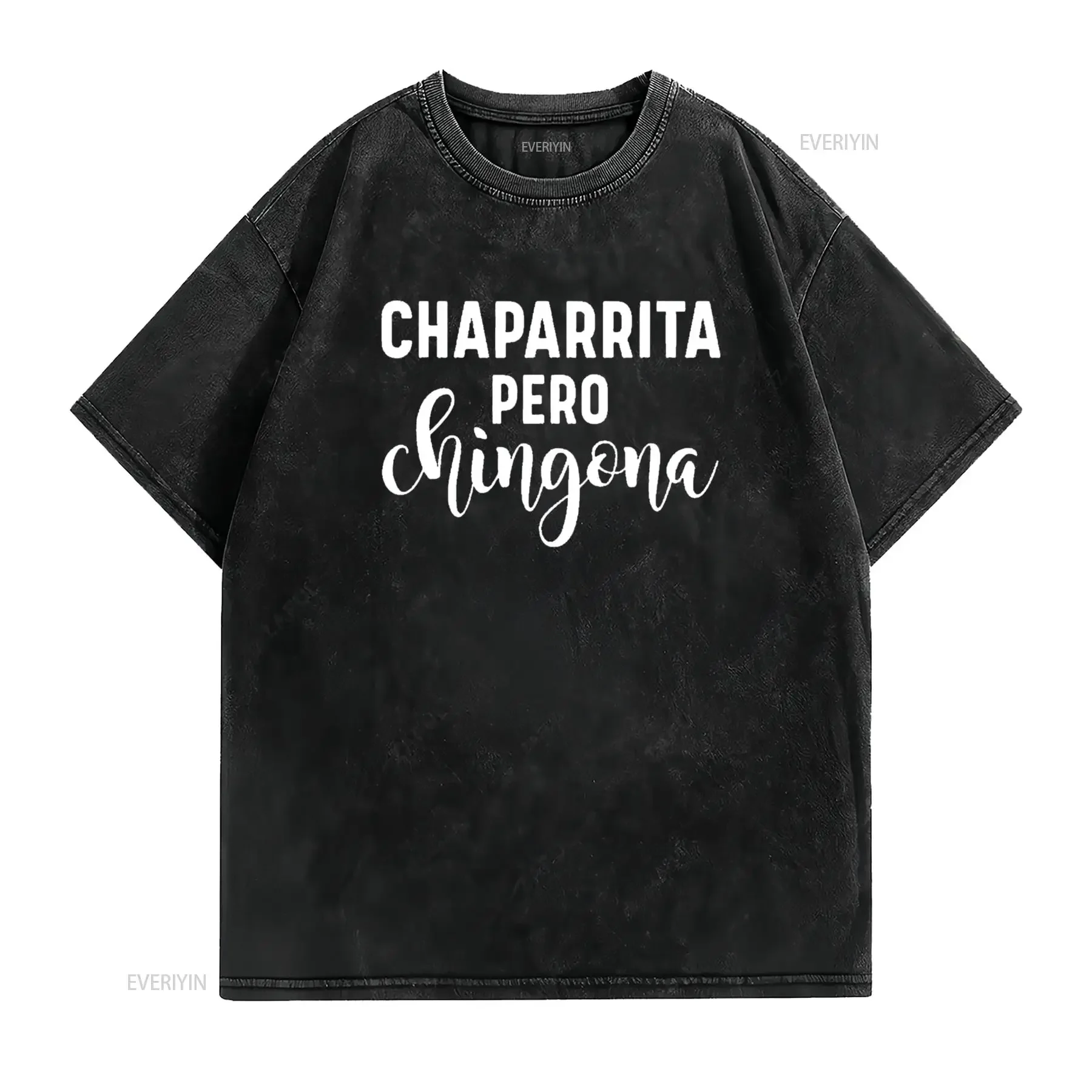 تي شيرت نسائي من Chaparrita Pero Chingona أسود 2X كبير عتيق مغسول كاجوال مريح للارتداء اليومي ملابس الشارع