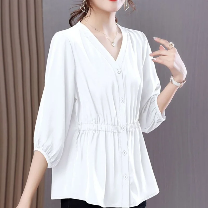 Summer Office Lady Comfortable Women\'s Clothing 3/4 Sleeve Pullovers Ladies Casual Solid Color Tops 2024 New Elastic Blouses