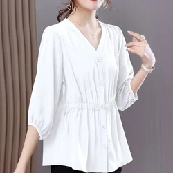 Summer Office Lady Comfortable Women's Clothing 3/4 Sleeve Pullovers Ladies Casual Solid Color Tops 2024 New Elastic Blouses