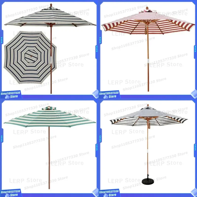 Large Black White Striped Beach Umbrella Manual Control Solid Wood Frame Outdoor Terrace Parasol For Patio Tables And Chairs