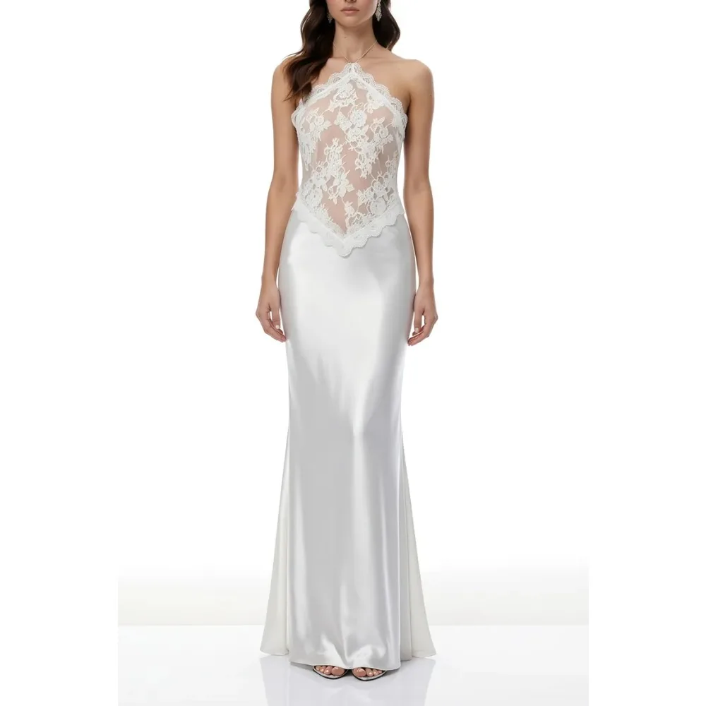 

Customized Lace Evening Dresses Satin Halter Luxury Party Dress White Sexy Backless Maxi Long Prom Gowns for Women 2026 Bespoke