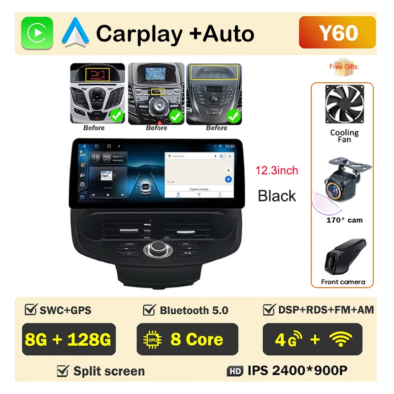12.3 inch Autoradio Voor Ford Fiesta MK6 MK7 2009-2016 LHD RHD Android Multimedia Video Player GPS draadloze Carplay QLED Scherm