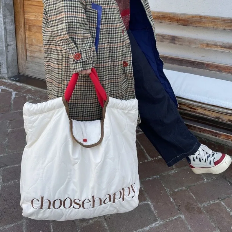 Korean Style Designer Women Tote Bag Embriodery Letter Large Tote Handbags Color Matching Student Nylon Shoulder Bag