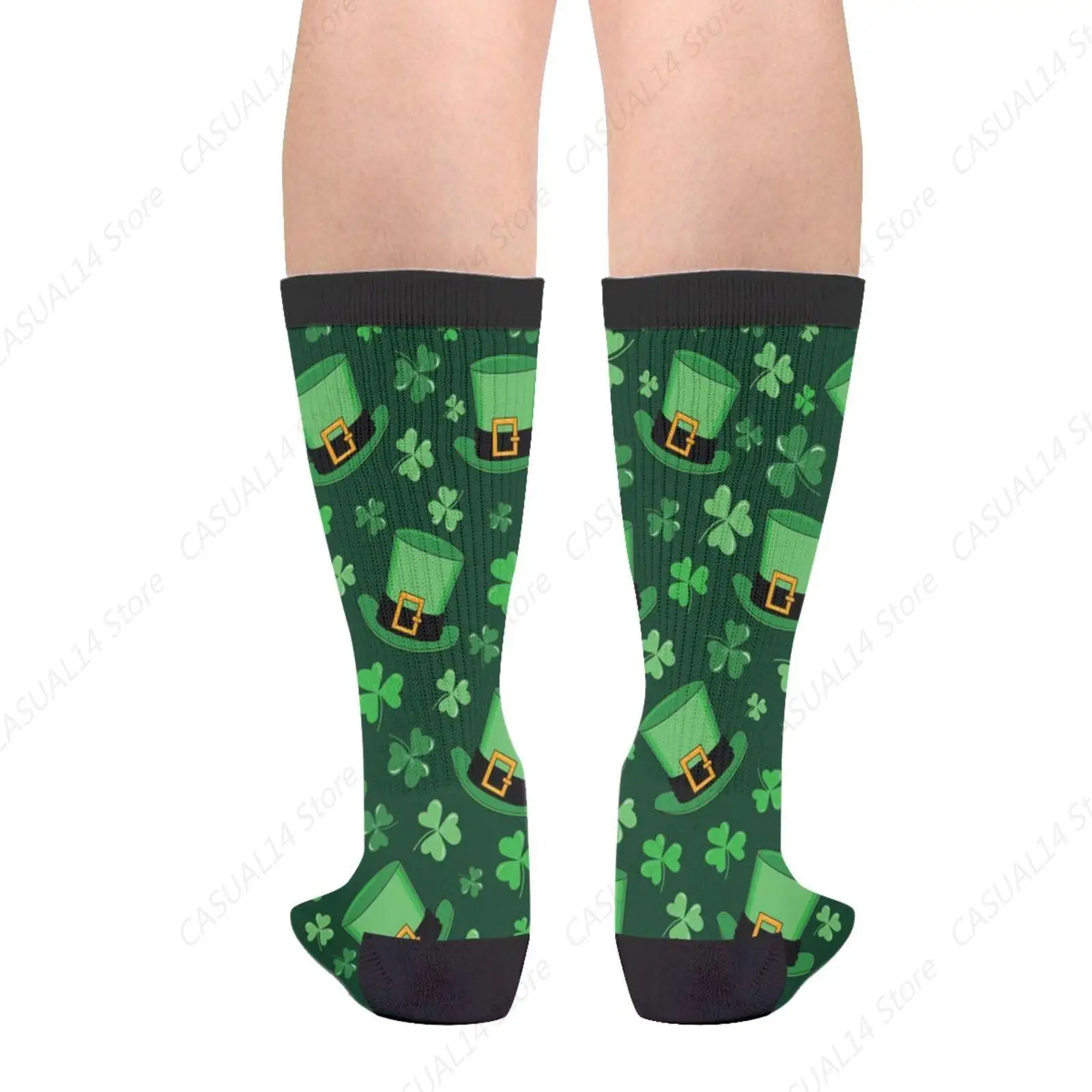 Saint Patrick'S Day Clover Hat Cute Green Funny Novelty Fun Crew Socks Fashion Comfortable Men And Women Crazy Dress Socks