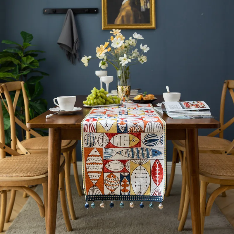 

Table Runner Christmas New Year Fish Chenille Tassel Home Tablecloth Polyester Table Cover Fresh Table Runner
