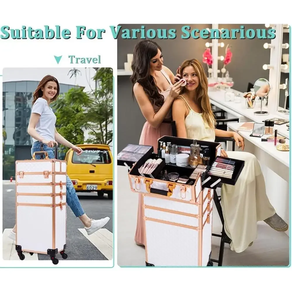 Makeup Trolley Case Rolling Cosmetic Organizer Swivel Wheels Large Capacity 4-in-1 Detachable Compartments ABS MDF Aluminum