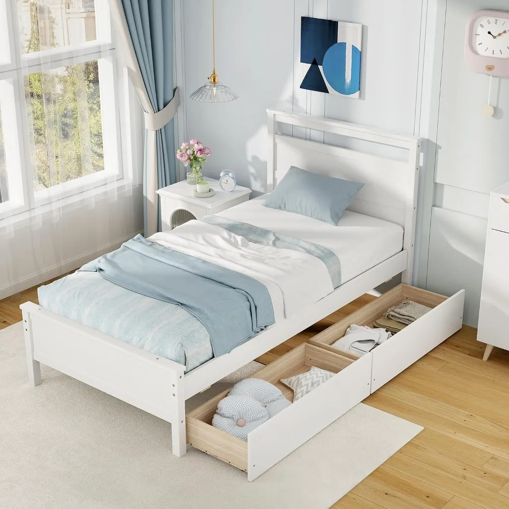

Giantex Wood Twin Bed with 2 Storage Drawers, Solid Wood Platform Bed with Headboard, Single Bed Wooden Slats Support, No Spring