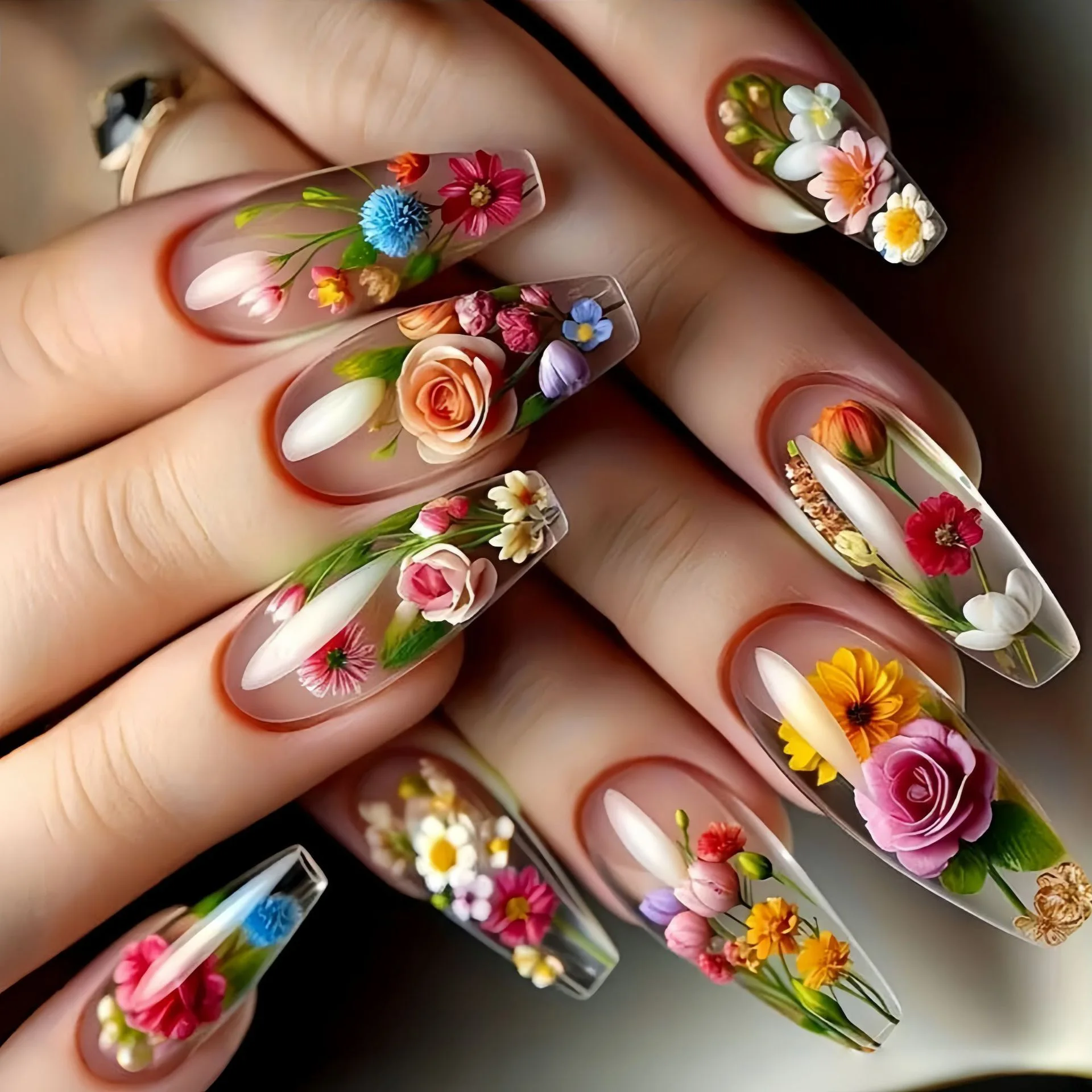 Medium long fake nails half clear ballet shape with flowers design pink yellow white red blue colors full cover press on nails