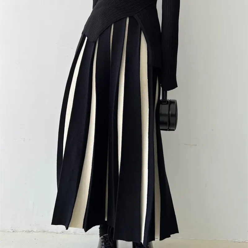 Women Skirt High Waist Patchwork Striped Long Skirts A Line Knit Spliced Casual Gown Lady Elegant Autumn Slight Strech