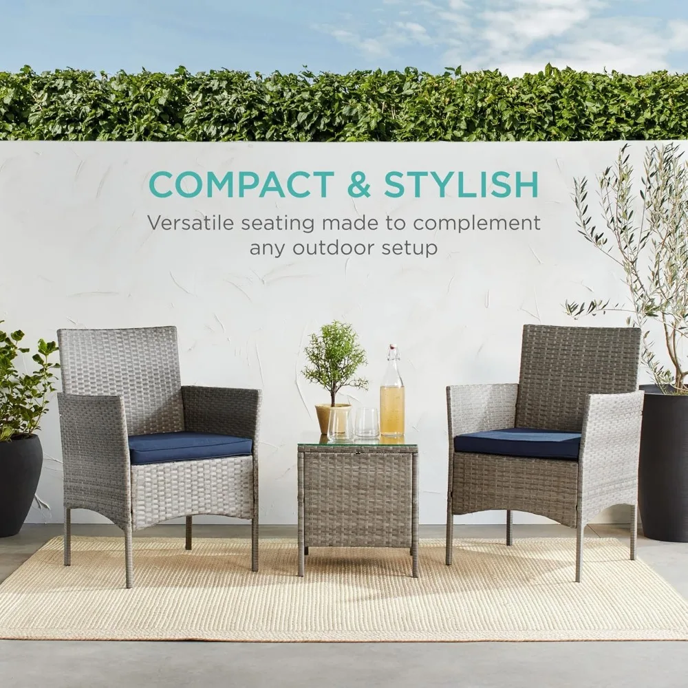 3-Piece Outdoor Wicker Conversation Bistro Set, Space Saving Patio Furniture for Garden w/Side Table - Gray/Navy