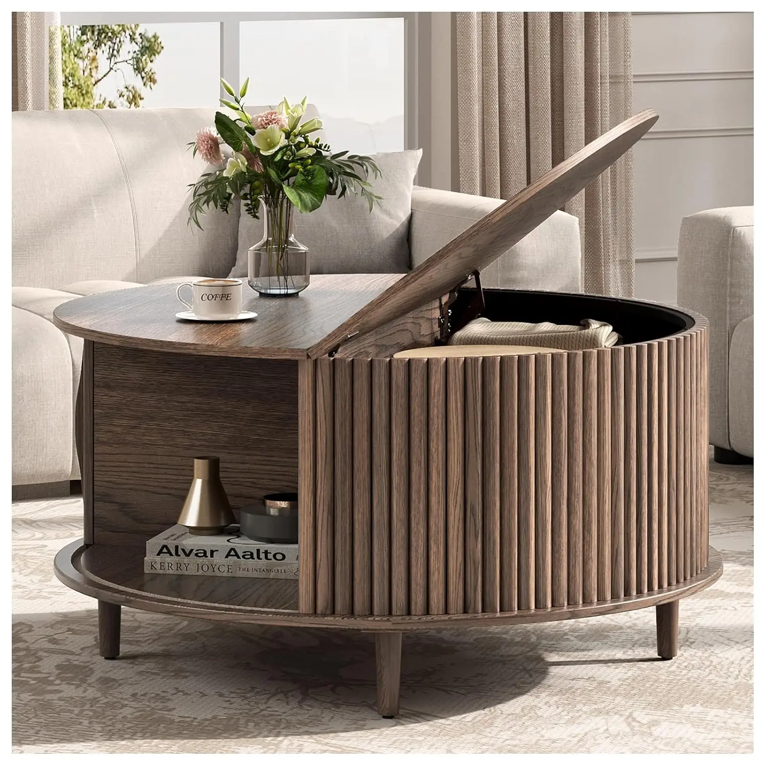 

Round Storage Coffee Table 31.5in Fluted Walnut Wood Sliding Door Mid Century Small Space, Customized
