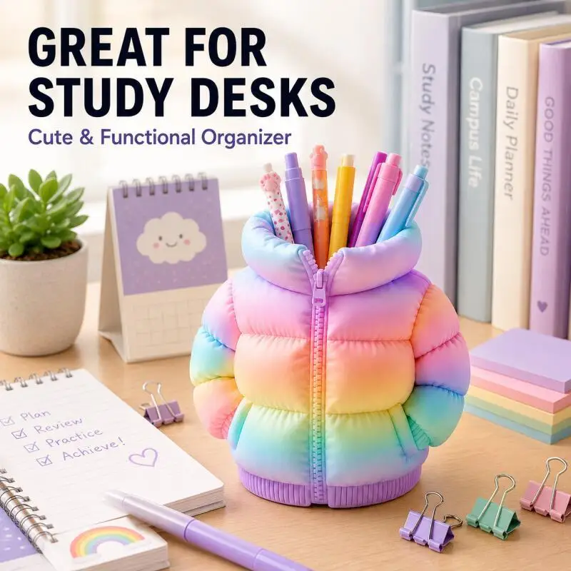 Mini 3D Printed Puffer Jacket Pen Holder, Cute Desktop Organizer for Pens, Pencils & Office Decor