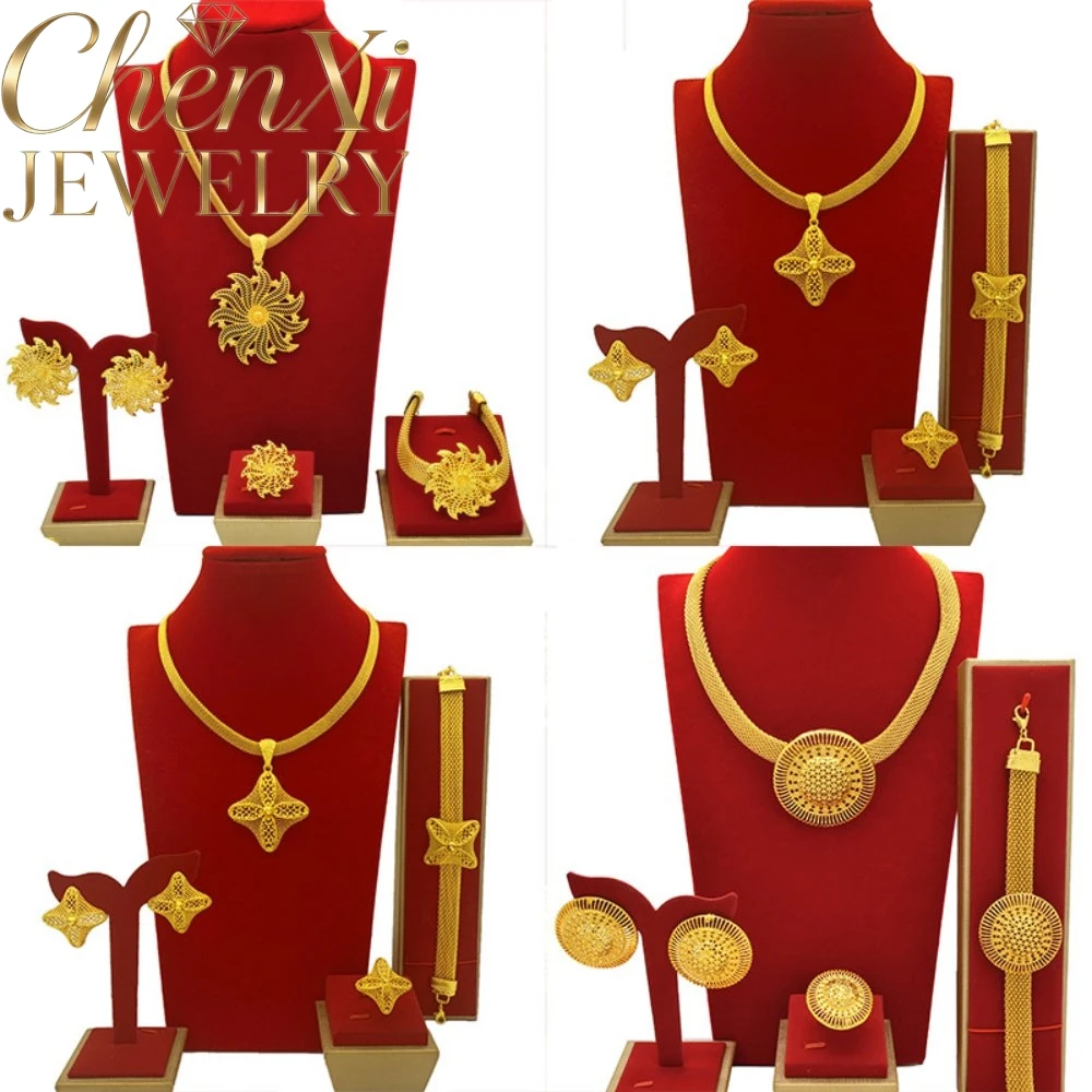 High-End Luxury Alluvial Gold Elegant Fashion Popular Jewelry Set Women Wedding Party Banquet Necklace Earrings Ring 4pcs Gift