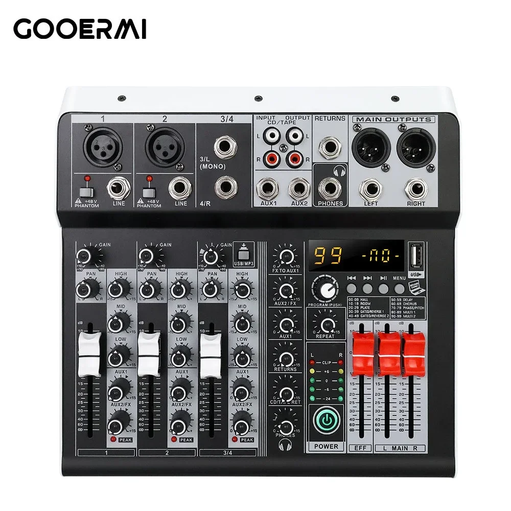 KT4 Small Mixer 4 Channel Professional Audio Mixing Console Video & Lighting with 99 Effects Stage Conference DJ bar Mixer