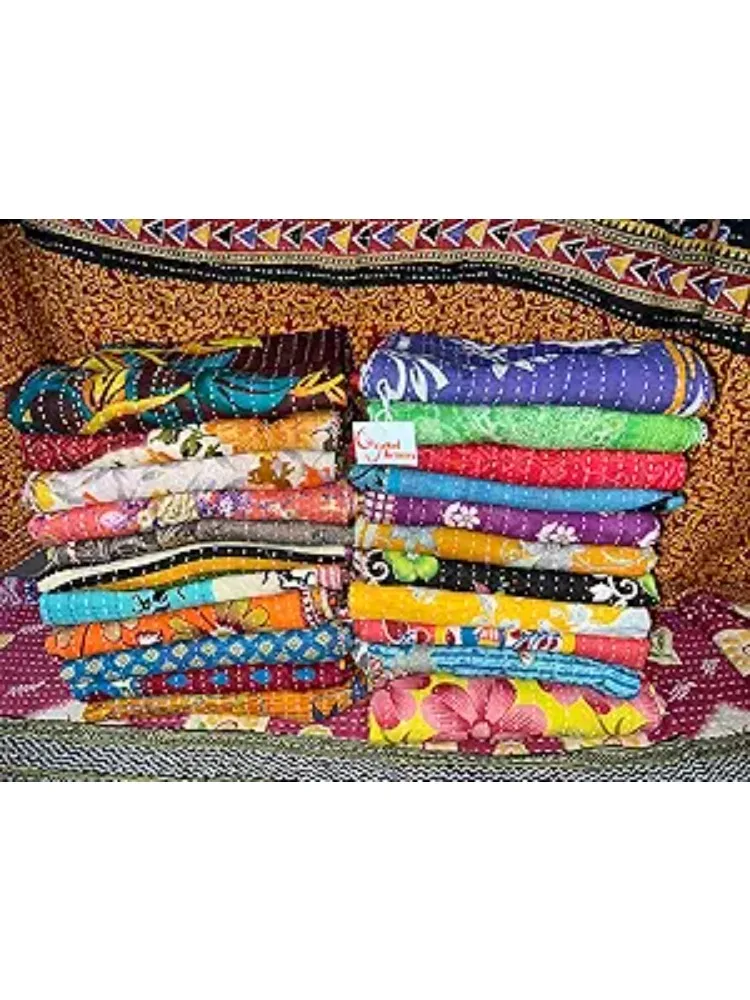 

10 Piece Set Handmade Indian Vintage Kantha Quilts Reversible Bohemian Home Decor Blanket – Assorted Color Twin Size 85X55 Inche