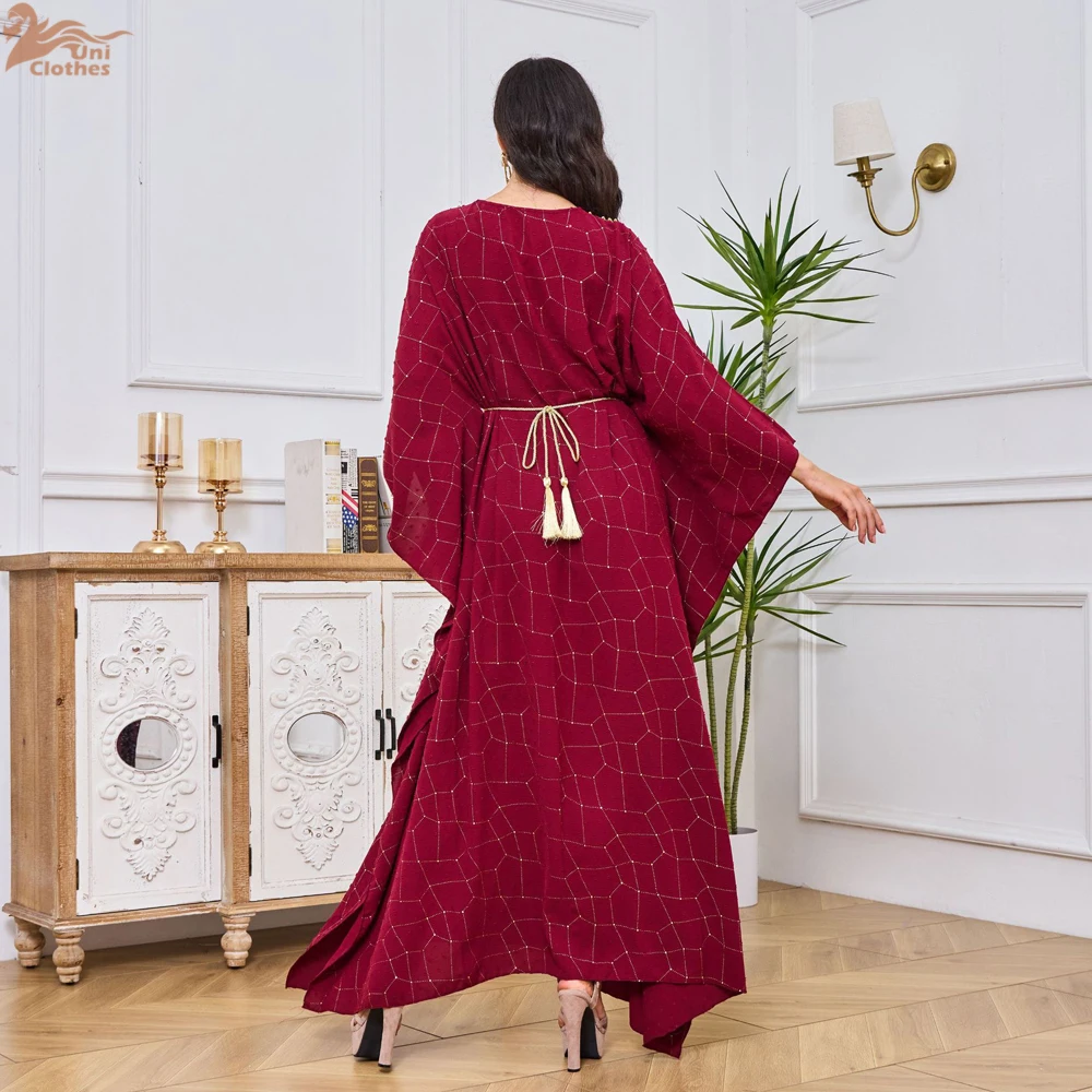 Fashion Long Dress Dubai Abayas For Female Beading Batwing Sleeve V-Neck Belted Clothing Elegant Muslim Costumes Woman