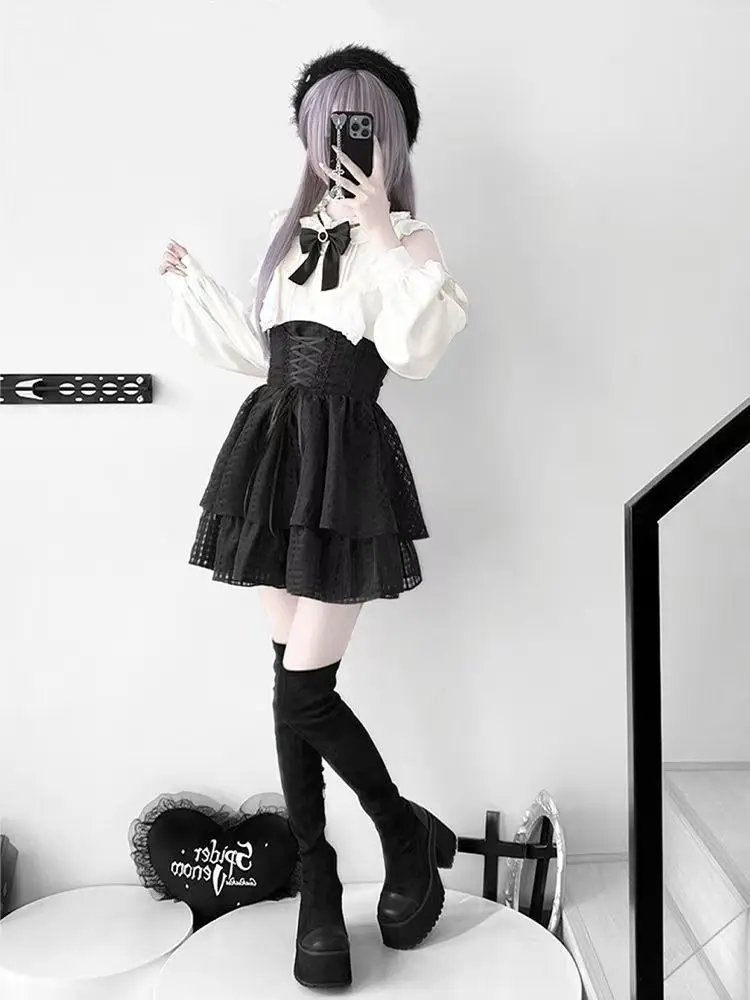 ダークゴシックボウロングスリーブサブカルチャースーツ新作オフショルダーレースツーピースセットレディースファッションスイートスリムレトロアウトフィット