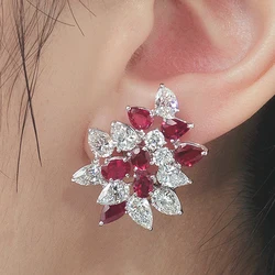 Huitan New Trendy Red Flower Stud Earrings Bridal Wedding Party Earrings Luxury Fashion Women Accessories Birthday Gift 2022